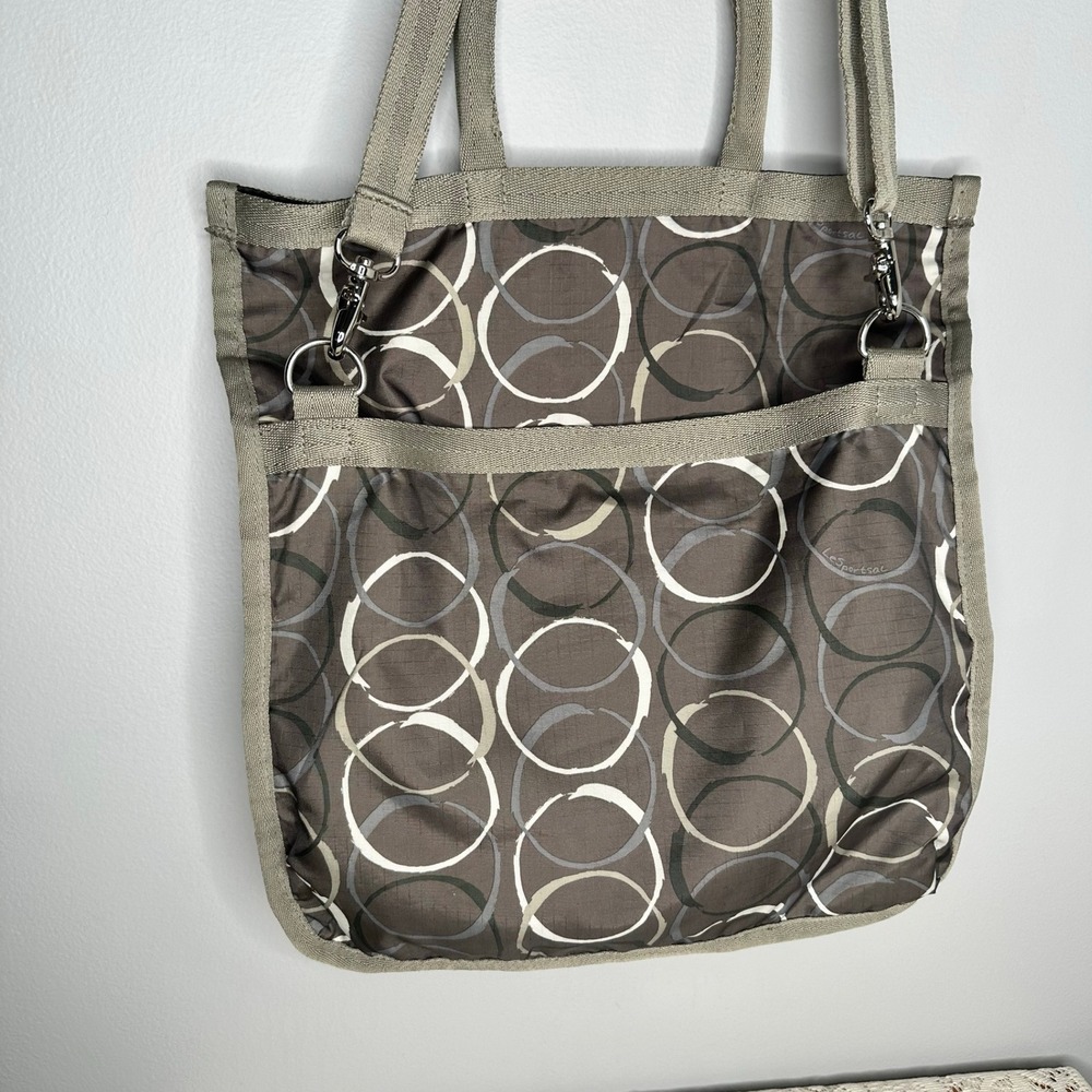 Le Sportsac Foldover Tote Crossbody Circles Large Bag Neutral - Picture 5 of 13